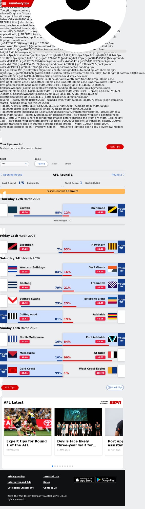 Round 1 random tips submitted